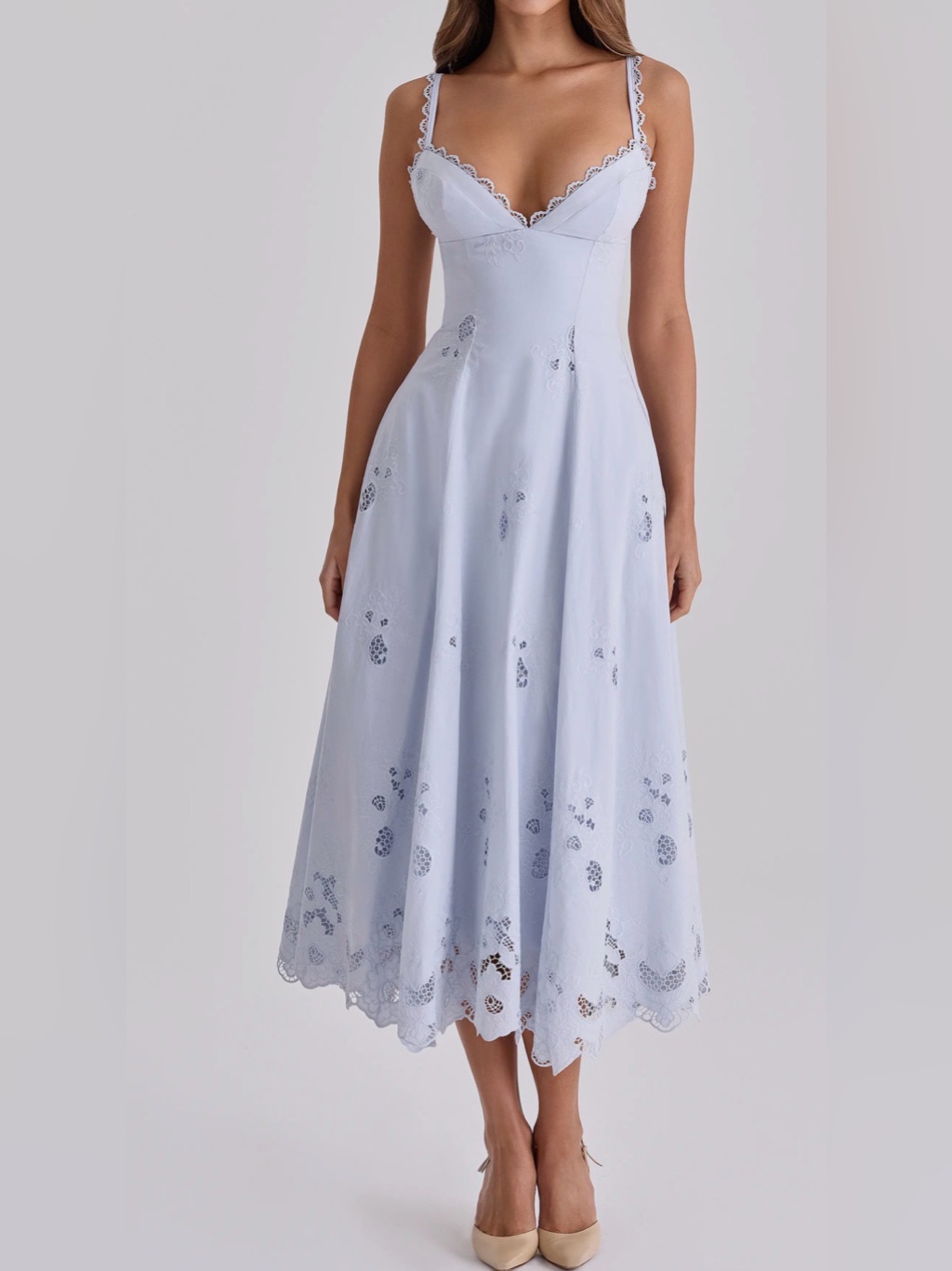 House Of Cb Tatiana Bluebell Lace + Cotton Broderie Anglais Midi Sundress